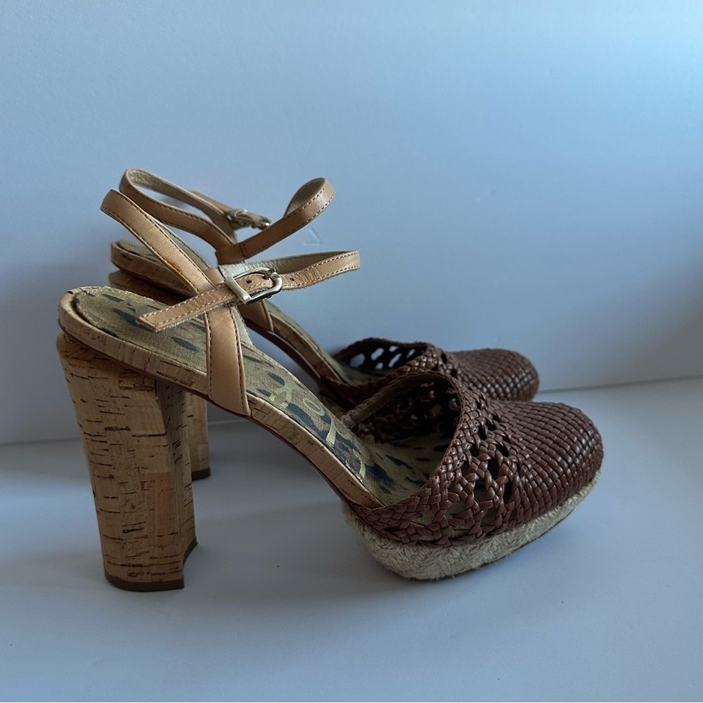 Sam Edelman Rella leather cork basket weave espadrille platform heels.